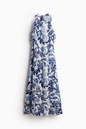 H&M Neckholder-Kleid mit Volantbesatz - Weiss/Blau Gebl&uuml;mt