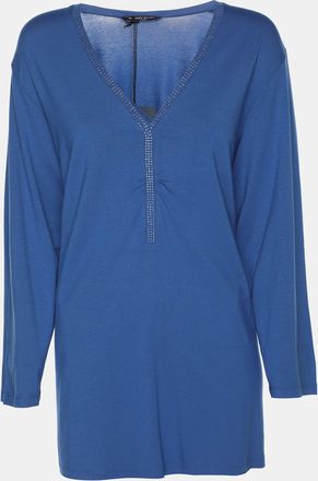 Marina Rinaldi Marina Sport By Marina Rinaldi Blue Jersey Crystal Embellished V Neck Sweater