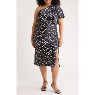 Renee C Polka Dot One-Shoulder Satin Midi Dress in Black at Nordstrom Rack, Size 1 X