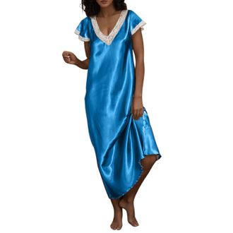 Generic Nightdresses For Women Long Nightdresses Silk Nighties Lace Soft Stretch V-Neck Loose Pajama Dress Short Sleeve Nightgowns Plus Size Nighties Elegant 