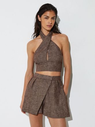 Reiss Taupe Brown Linen Wrap-front Halterneck Crop Top, 16
