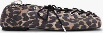 Ganni Mixed Lace-Up Ballerinas in Leopard Printed Denim - Size 35 Cotton