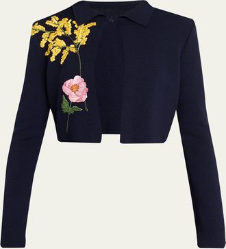 Oscar De La Renta Floral Embroidered Wool Crop Collared Cardigan