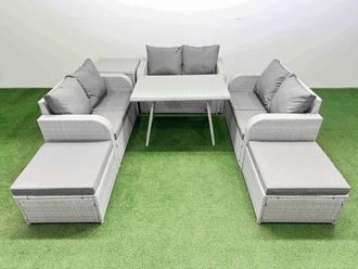Fimous 8-seater Patio Rectangular Table Love Sofa Set with Side Table in Light Grey