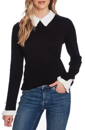 CeCe by Cynthia Steffe Imitation Pearl Peter Pan Collar Cotton Sweater in Rich Black at Nordstrom, Size X-Large