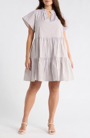 Sugarlips Parson Stripe Janelly Poplin Tiered Minidress in Brown-Stripe at Nordstrom, Size 3 X