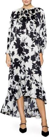 Melloday Tie Neck Long Sleeve High-Low Dress in Ivory Black at Nordstrom Rack, Size X-Small