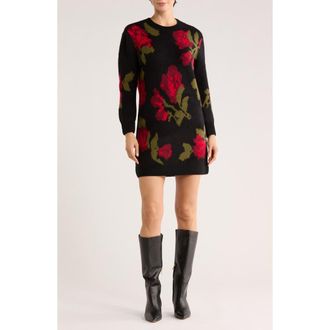 Halogen Rose Jacquard Long Sleeve Sweater Dress in Rich Black at Nordstrom Rack, Size X-Large
