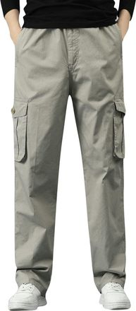 Generic Mens Cargo Work Trousers High-Waist Elasticated Waist Cotton Straight Leg Pants with Knee Pad Pockets Plus Size Relaxed Fit Grey