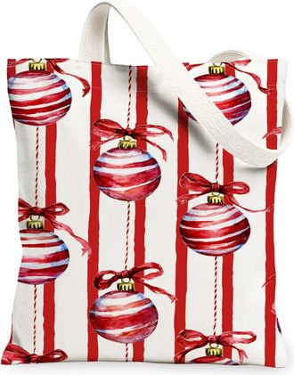Generic Striped Canvas Tote Bags, Christmas Ornament Pattern Reusable Grocery Bags, Festive Lightweight Washable Shoulder Strap Canvas for Travel 13x15 Inch
