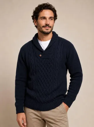 SMF Shawl Collar Pullover Cable Knit Sweater In Navy