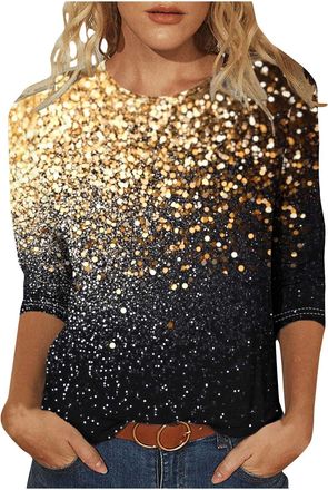 Generic Sparkly Top, Sparkly Tops for Women UK 3/4 Sleeve Top Sequin Glitter Graphics Print Tunic Trendy Casual Evening Party Going Out T-Shirt Pullover Loose