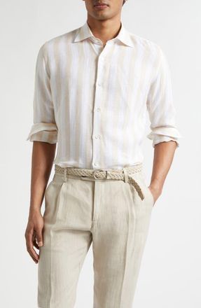 Eleventy Stripe Linen Button-Up Shirt in 102 Coriander at Nordstrom, Size Xxx-Large