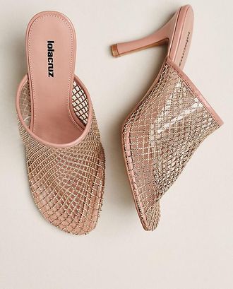 Lola Cruz Rhinestone Netted Mule Heels