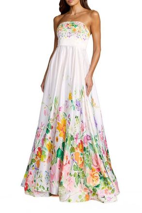 Mac Duggal Floral Print Strapless Satin A Line Gown With Pockets in Ivory Multi at Nordstrom, Size 12