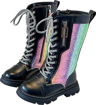 Generic Girls Lace-Up Mid Calf Combat Boots with Side-On Zipper Round Toe Water Proof Comfortable Warm Shoes Chunky Heel Non-Slip Casual Punk Goth Riding Walk