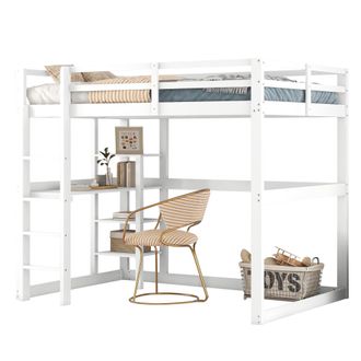 STILVORA Letto A Soppalco 140 X 200 Cm Con Scrivania E 4 Scaffali, Senza Materasso, In Legno, Bianco Antico