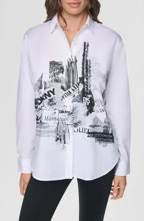 DKNY City Printed Rhinestone Cotton Button-Up Shirt in White at Nordstrom, Size Xx-Small
