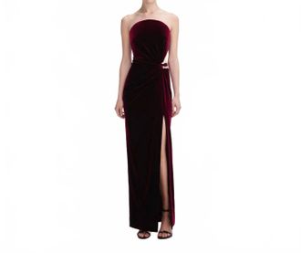 Self Portrait Velvet Bandeau Maxi Dress In Burgundy