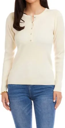Karen Kane Henley Ribbed Crewneck Sweater In Cream