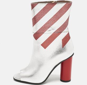 Anya Hindmarch Silver/burgundy Stripe Leather Peep Toe Ankle Boots