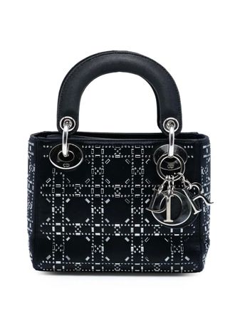 Dior 2017 mini Lady Dior satijnen Cannage tas verfraaid met kristallen - Zwart
