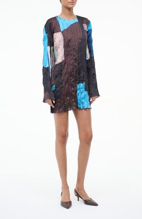 Staud Kona Colorblock Long Sleeve Crinkle Satin Minidress in Blue Prism at Nordstrom, Size X-Small