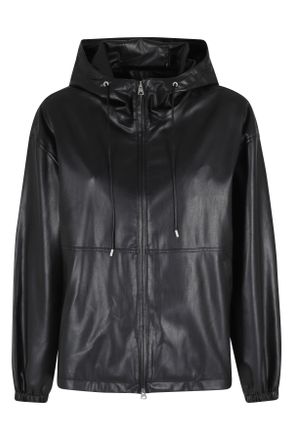 Dunst Black Leather Windbreaker Drawstring Hooded Polyester Jacket