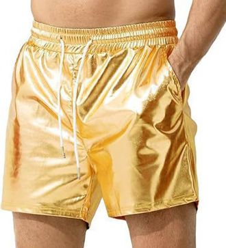 Generic Mens Sexy Shorts Metallic Shiny Sparkly Hot Drawstring Short Pants with Pockets Wall E Short Gold