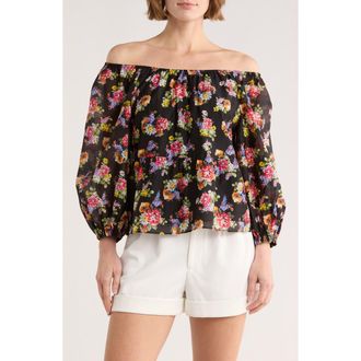 Alice & Olivia Floral Print Ruffle Peasant Top in Magnolia Floral Black at Nordstrom Rack, Size X-Large