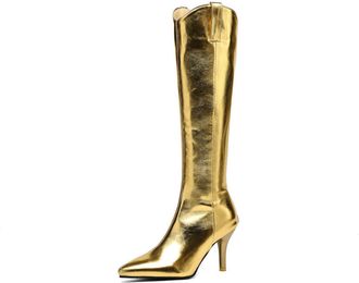 Generic Womens Sexy High Heel Knee High Boots Pointed Toe Long Boots PU Leather Party Prom Shoes with Side Zipper,Gold,9.5 UK