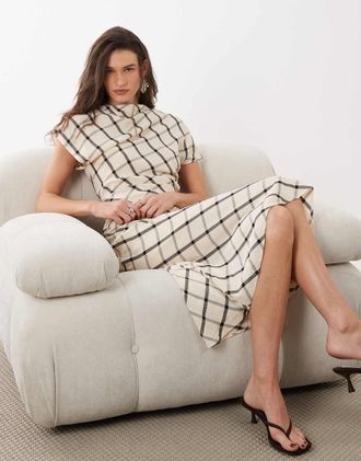 Mango Vestito al polpaccio a maniche corte con scollo ad anello beige e nero a quadri-Neutro