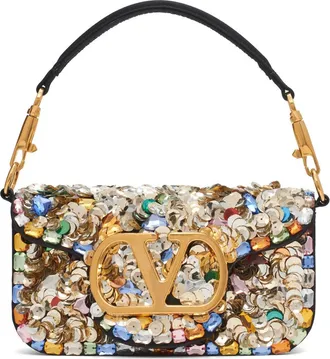 Valentino Garavani Small Loc&ograve; VLOGO Paillette & Crystal Silk Satin Shoulder Bag in Gold Multi at Nordstrom