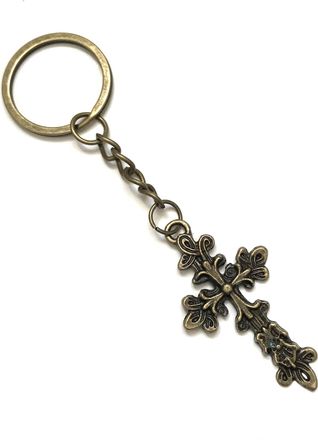 Generic KEYRING - Cross Antique Bronze Plated. Split Ring. Key Ring. Keychain. Goth, Emo, Steampunk, Rock. Cross