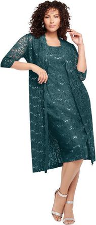 Roaman's Plus Size 3/4 Sleeve Formal Duster Sequin Embellished Lace Dress Set in Mystic Pine at Nordstrom, Size 44