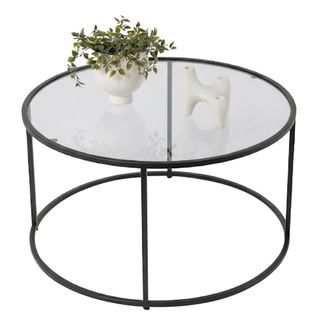 Dmora Mesa De Centro Moena, Forma Redonda, Tapa De Vidrio, Color Transparente, 80x80x43h Cm Negro