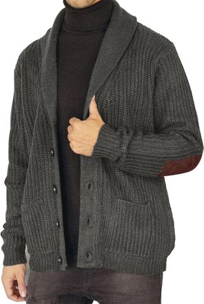 Generic Mens Sweaters Knitted Elbow Patch Shawl Collar Cardigan Sweater Long Sleeve Button Down Knitwear with Pockets Clothes Grey XL
