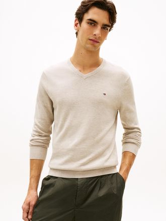 Tommy Hilfiger ESSENTIAL COTTON V NECK mit V-Ausschnitt und Stickerei unifarben, casual, regular fit, Baumwolle, V-Ausschnitt