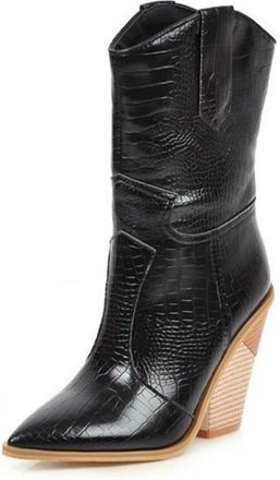 Generic Womens Winter Chunky Heel High Heel Mid Calf Boots 8cm Geometric Heel Sexy Ankle Boots With Fish Scale PU Upper(Black,10.5)
