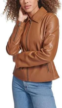 Levi's Moto Jacket Womens Toffee Faux Leather Laydown Collar Full Zip PAL43