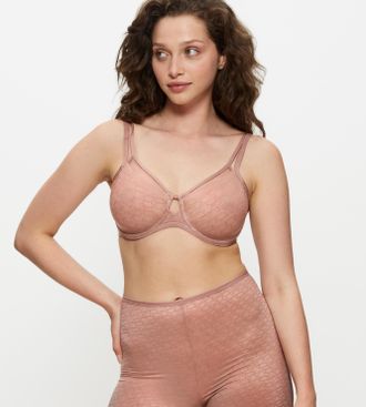 Triumph Minimizer-BH TRIUMPH Signature Sheer, Damen, Gr. 65, Cup F, braun (toasted almond), T&uuml;ll, Obermaterial: 59% Polyamid, 41% Elasthan, BHs Minimizer-BH, 