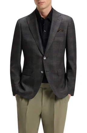 BOSS Hutson Slim Fit Slub Black & Brown Check Wool Sport Coat at Nordstrom, Size 38 Regular