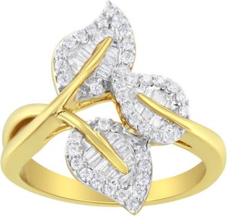 House of Brilliance 18K Yellow and White Gold Plated.925 Sterling Silver 3/8 Cttw Baguette and Round Diamond Bypass Triple Leaf Ring (I-J Color, I1-I2 Clarity)