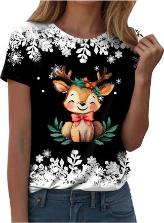 Generic Womens Christmas Shirt Ladies Snowflake Christmas Printed Round Neck Short Sleeved T Shirt Top Tunic Blouses Xmas Tops Dressy Trendy Lightweight Holid