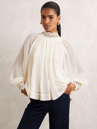Reiss Cream Lace-trim Draped Chiffon Top, 14
