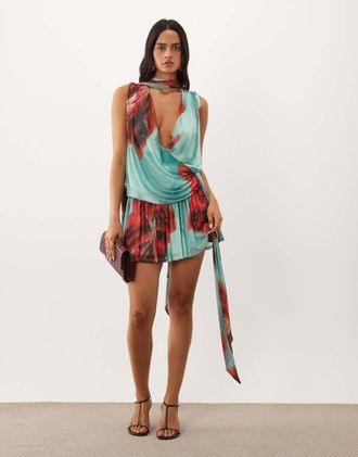 Asos minivestito in mesh con stampa floreale, scollo ad anello, fascia drappeggiata e dettaglio foulard, blu