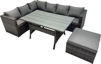 Fimous Outdoor pe Rattan Sofa Set with Dining Table Patio Garden Furniture Sets with Big Stool Dark Grey Mixed - Fimous