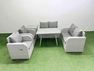 Fimous 6 Seater Rattan Garden Furniture Set Outdoor Love Sofa Set in Light Grey