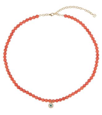 Sydney Evan Evil Eye 14kt gold and coral beaded necklace with diamonds