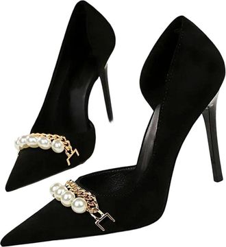 Generic Women High Heel Pumps Summer Pointed Toe Pearl Chain Hollow Beach Party Dress Shoes Black